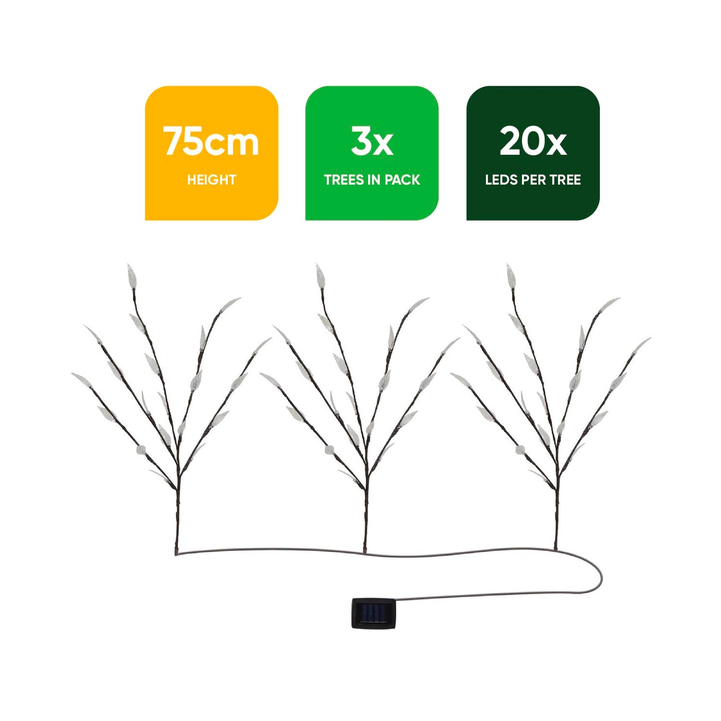 Pack of 3 60 White LED Solar Tree Lights