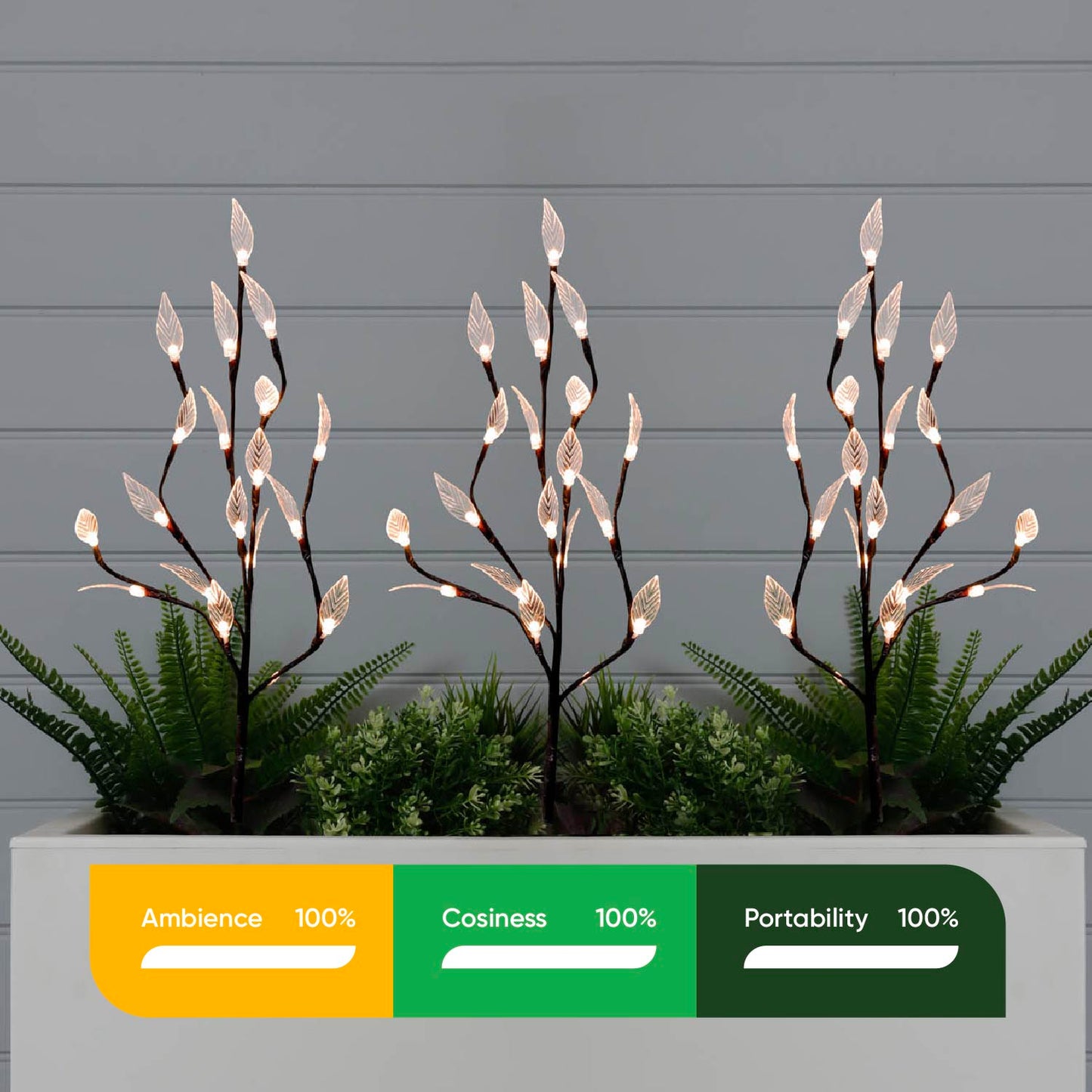 Pack of 3 60 White LED Solar Tree Lights