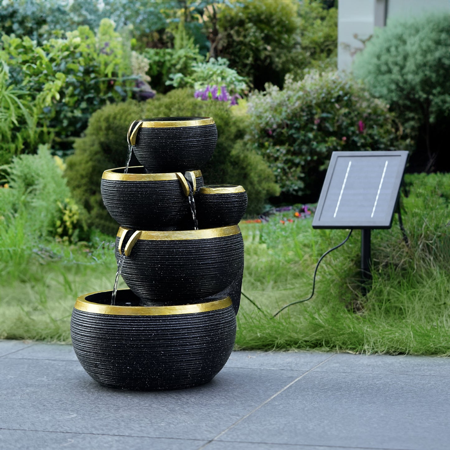 Solar Cascading Black & Gold Water Feature