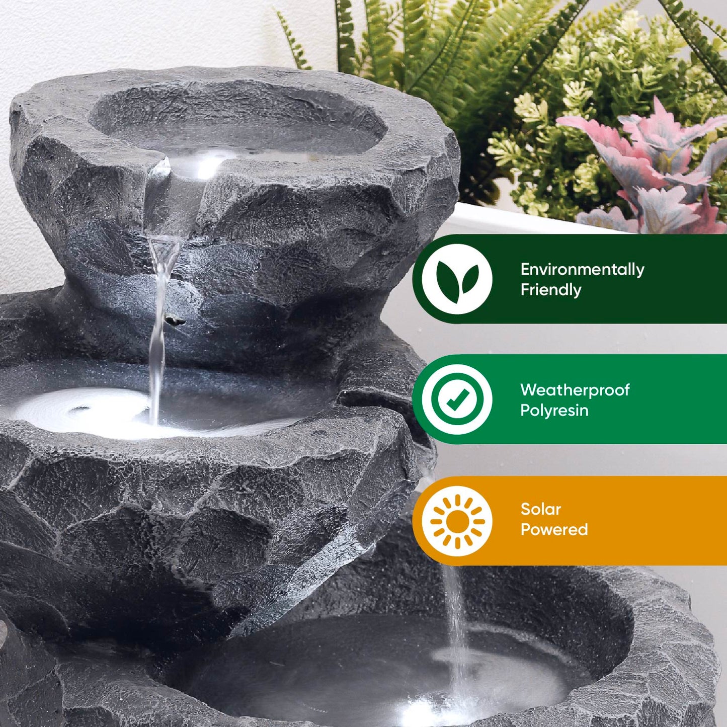 Solar-Powered Water Feature - Three-Tiered Rock