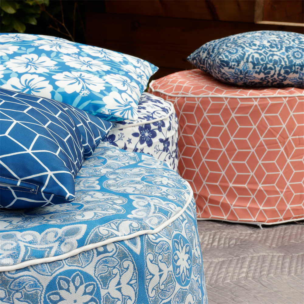 Outdoor Pouf Ottoman - Jacquard Blue