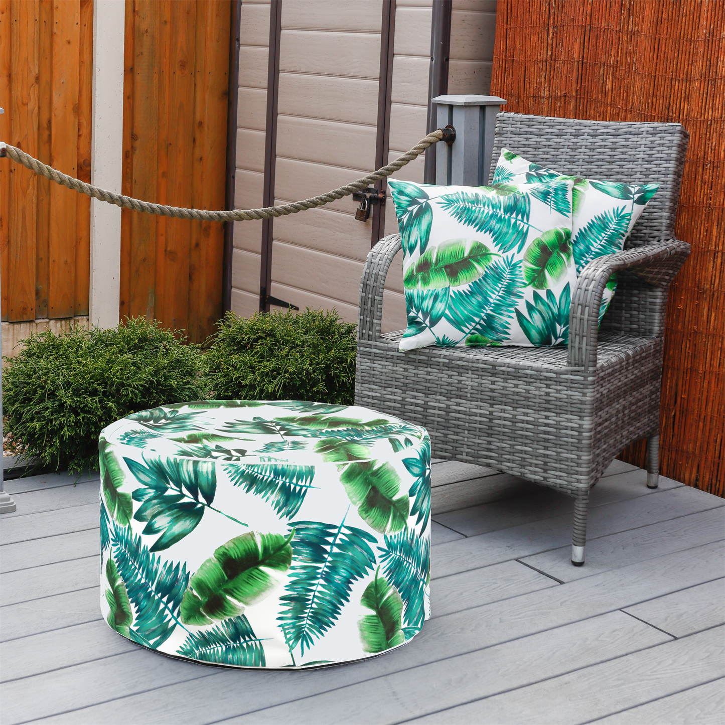 Botanical Green Palm Print Inflatable Ottoman