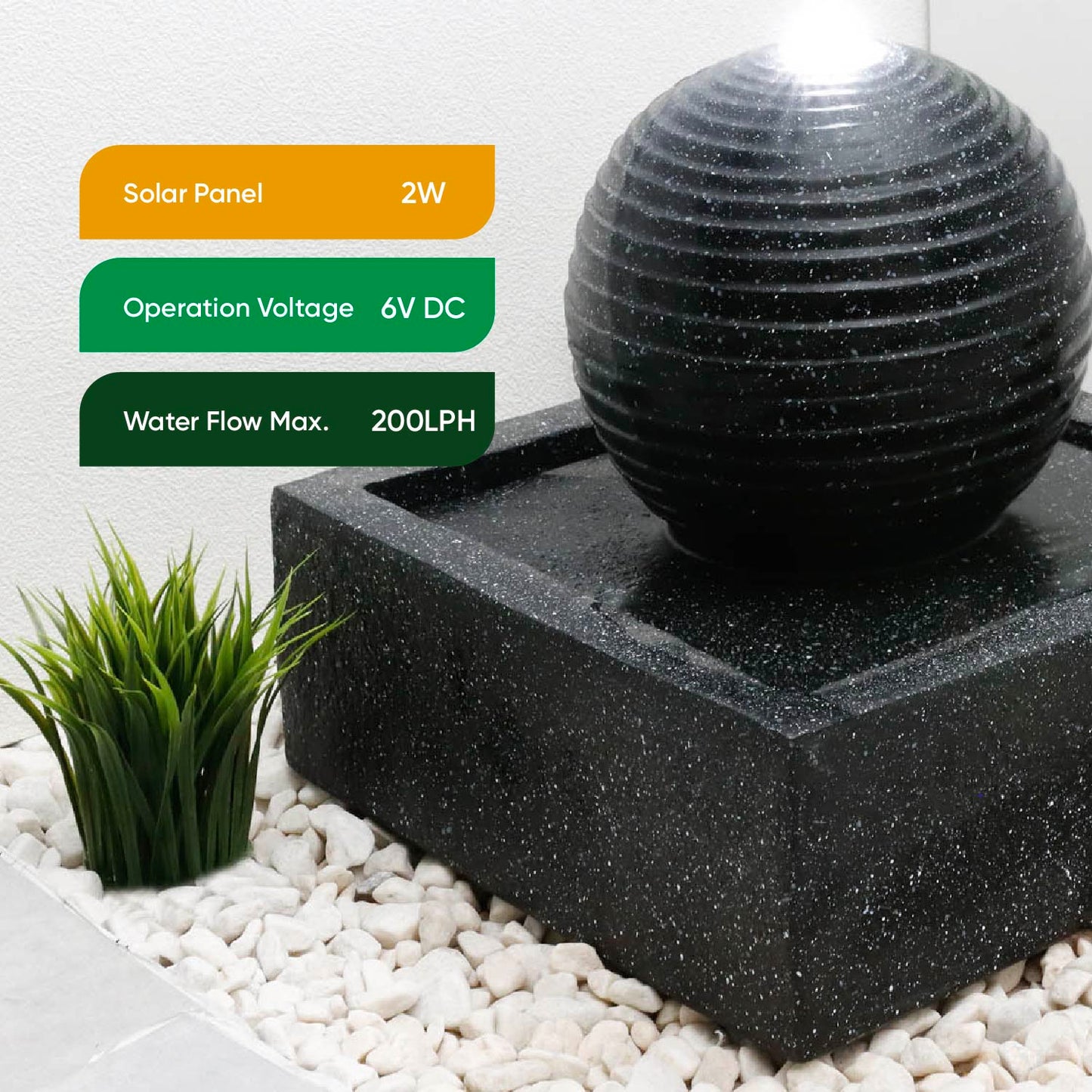 Solar-Powered Black Granite-Finish Water Feature