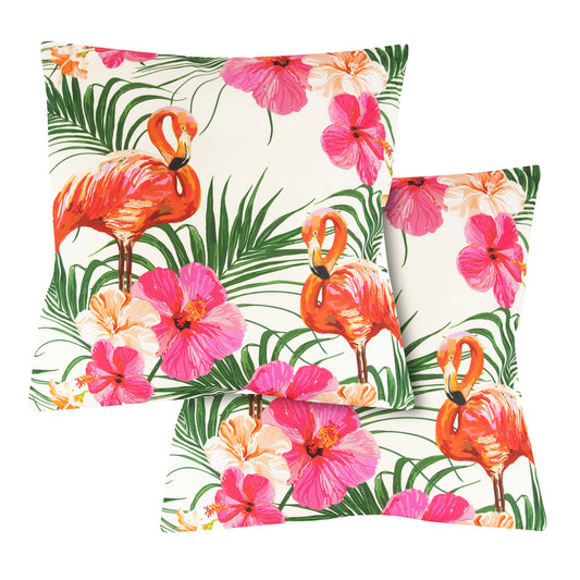 Outdoor Pair of Flamingo Palm Print Scatter Cushions